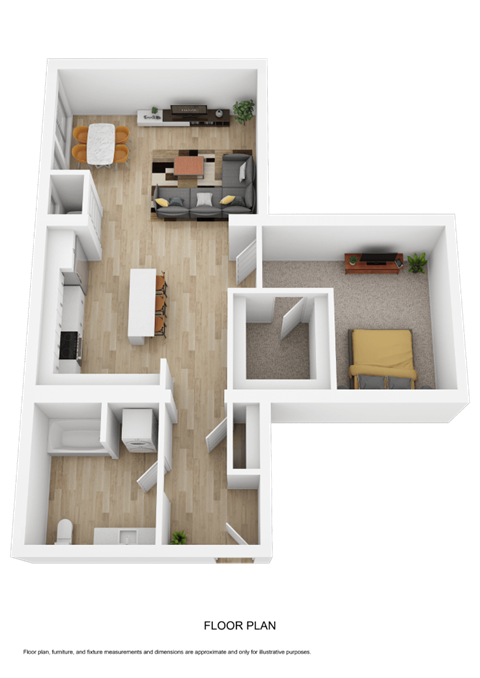A 3D floor plan of a house with multiple rooms and furniture.